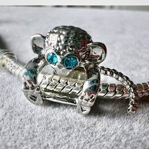 Silver Monkey Charm With Blue Crystal Eyes Fits Pandora Bracelet